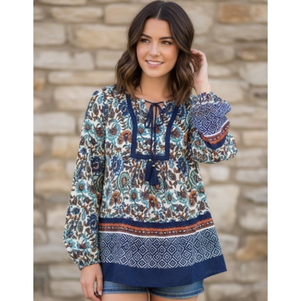 Daniel Rainn Floral Boho Blouse Crochet Tassel Peasant Long Sleeve Blue Sz S 349